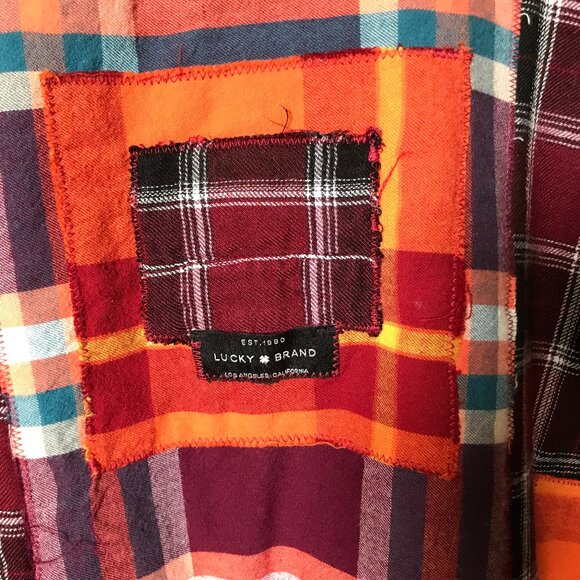 Upcycled Patchwork Hoodie, Size M: Magenta Boho Snap Front Jacket, Campus Grunge - Picture 5 of 17